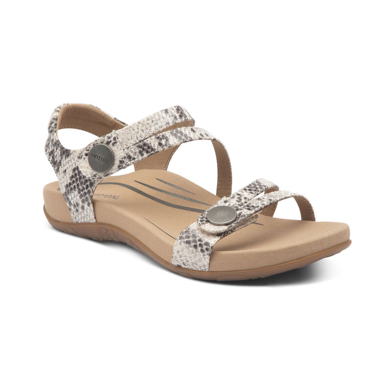 Aetrex Womens Jess Adjustable Quarter Strap Sandals Cream Snake - x1Bvhlxn7